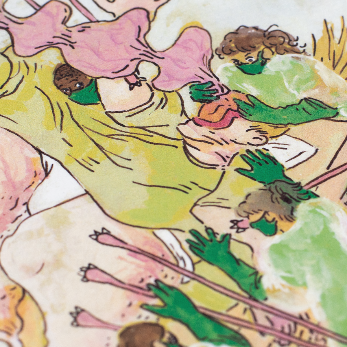 Close up of the "Expand/contract" print. The close up is of a woman's face being covered with a vaguely intestinal tube. She is being injected with a substance and her body is inflating like a balloon. Doctors are holding her down.