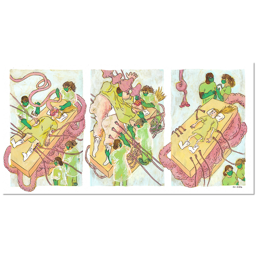 Print of "Expand/contract". Illustration has three panels. The panels tell a story of a woman being injected with a mysterious substance through vaguely intestinal tubs while doctors monitor her. The style of the illustration is traditional art done with goauche, watercolor and ink.