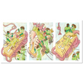Print of "Expand/contract". Illustration has three panels. The panels tell a story of a woman being injected with a mysterious substance through vaguely intestinal tubs while doctors monitor her. The style of the illustration is traditional art done with goauche, watercolor and ink.