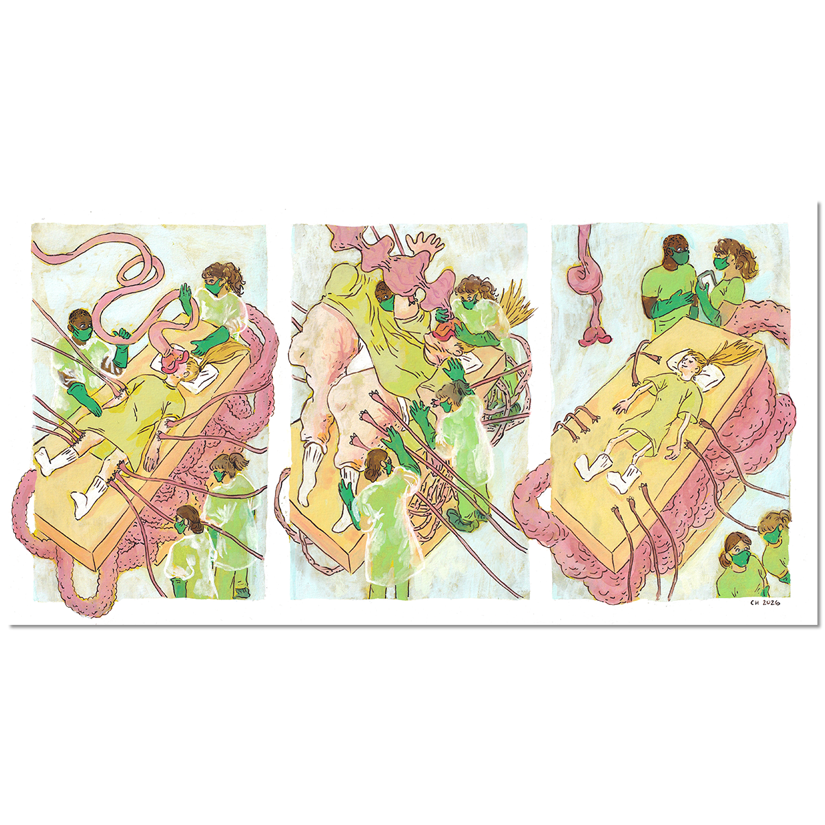 Print of "Expand/contract". Illustration has three panels. The panels tell a story of a woman being injected with a mysterious substance through vaguely intestinal tubs while doctors monitor her. The style of the illustration is traditional art done with goauche, watercolor and ink.