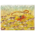 Print of "Year of the Flame Horse Cowboy Print". Illustration depicts a woman with long black hair on a horse made of fire. The woman is tossing a lasso on fire above her head while horses run around her. The landscape they are in is a grassland with blue green mountains in the background.