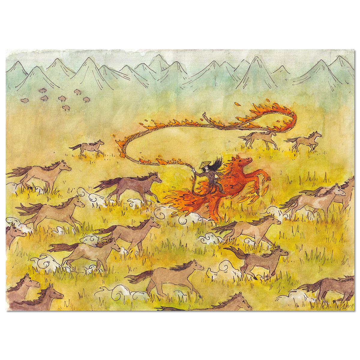 Print of "Year of the Flame Horse Cowboy Print". Illustration depicts a woman with long black hair on a horse made of fire. The woman is tossing a lasso on fire above her head while horses run around her. The landscape they are in is a grassland with blue green mountains in the background.