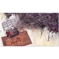 Print of "Hole in the Ceiling #1". Illustration of a woman on a couch being terrorized by a ghost with swirling lines coming out of a broken ceiling. The style of the illustration is traditional art done with goauche, watercolor and ink.