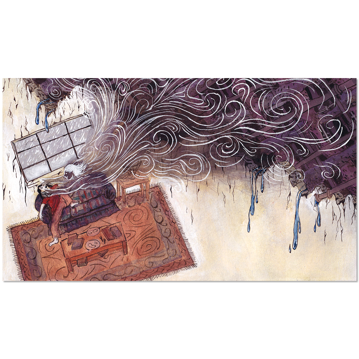 Print of "Hole in the Ceiling #1". Illustration of a woman on a couch being terrorized by a ghost with swirling lines coming out of a broken ceiling. The style of the illustration is traditional art done with goauche, watercolor and ink.