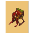 Print of "Jester Down". Illustration depicts a medieval jester in red and yellow. The jester is sitting bent over in a green dantesca chair (a type of wooden folding chair that originates from antiquity).