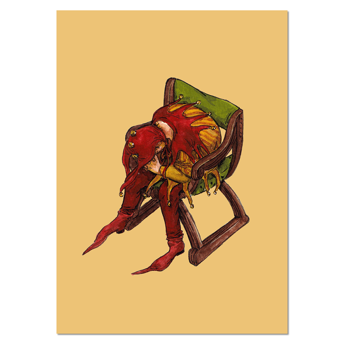 Print of "Jester Down". Illustration depicts a medieval jester in red and yellow. The jester is sitting bent over in a green dantesca chair (a type of wooden folding chair that originates from antiquity).