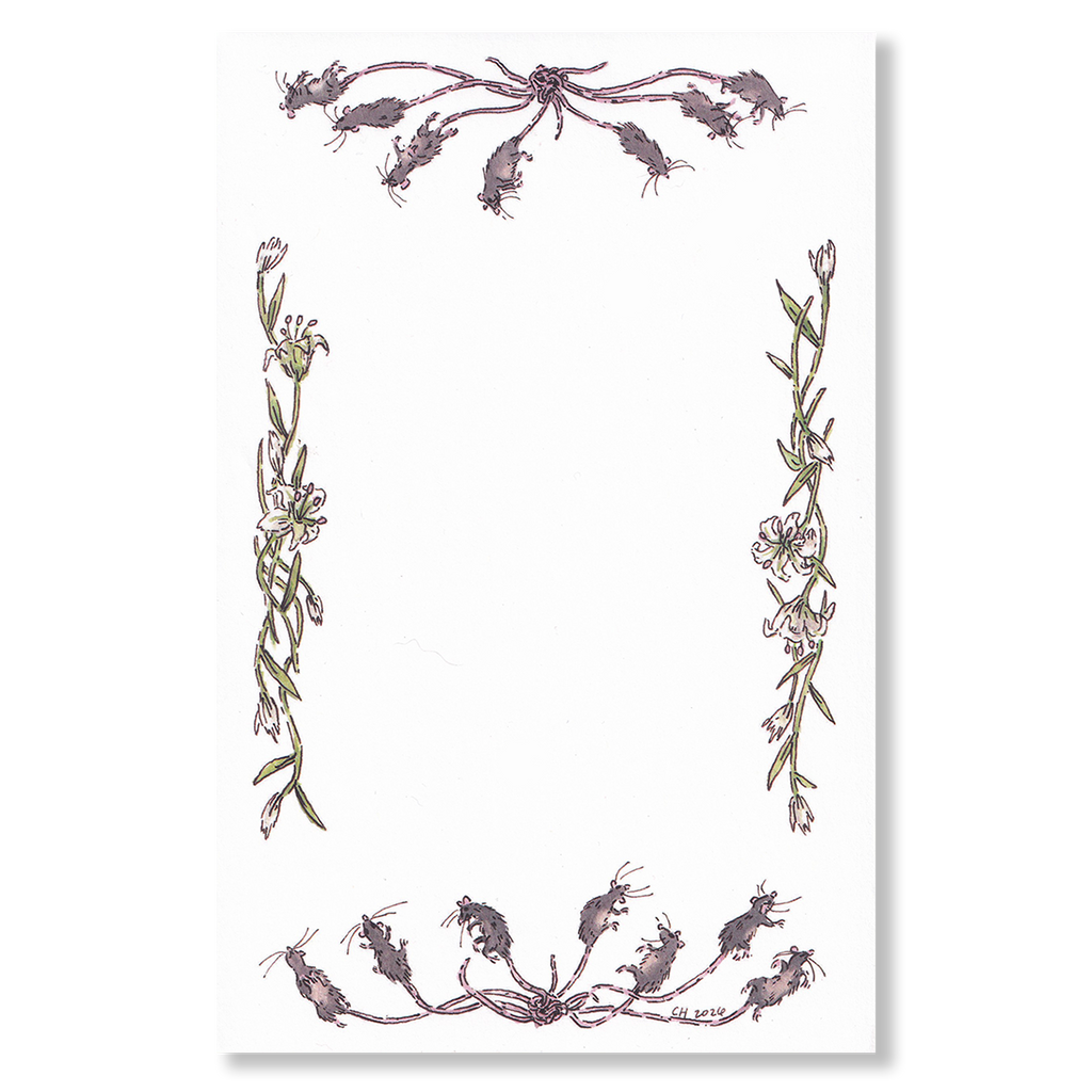 "Rat King Tearaway Notepad" An illustrated notepad design with rat kings at the top and bottom, and lilies on the side