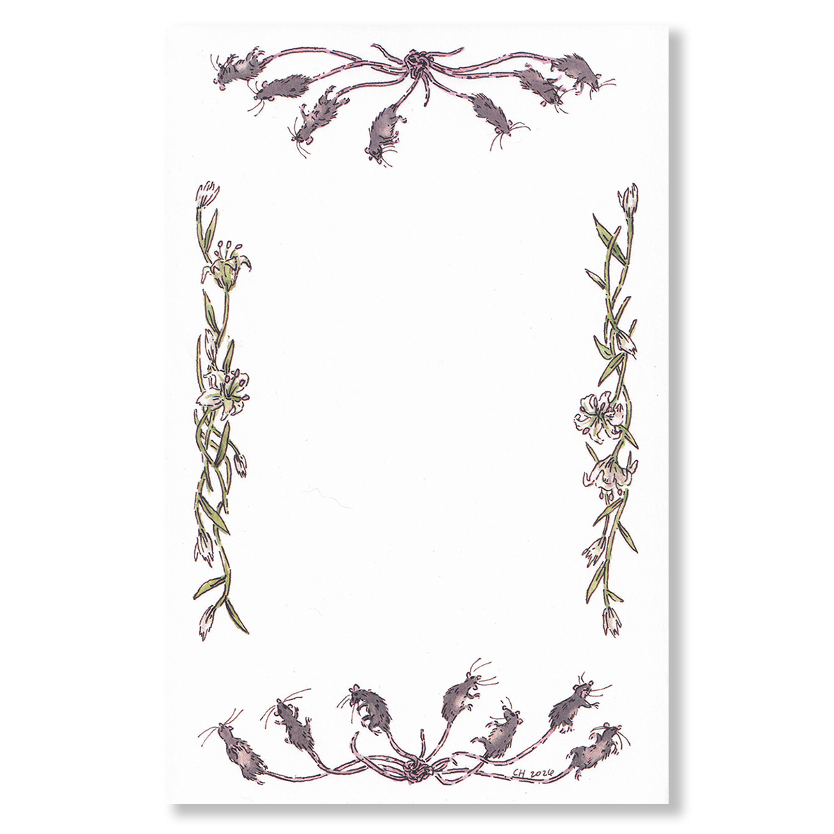 "Rat King Tearaway Notepad" An illustrated notepad design with rat kings at the top and bottom, and lilies on the side